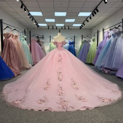 2025 Quinceanera Dress Vestidos De 15 Quinceañera Flowers Vestidos De 15 Años Pink V-neck Beading Lace Evening Party Dress