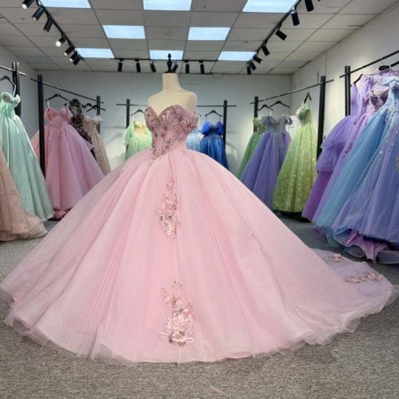 2025 Quinceanera Dress Vestidos De 15 Quinceañera Flowers Vestidos De 15 Años Pink V-neck Beading Lace Evening Party Dress
