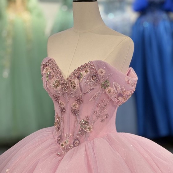 2025 Quinceanera Dress Vestidos De 15 Quinceañera Flowers Vestidos De 15 Años Pink V-neck Beading Lace Evening Party Dress