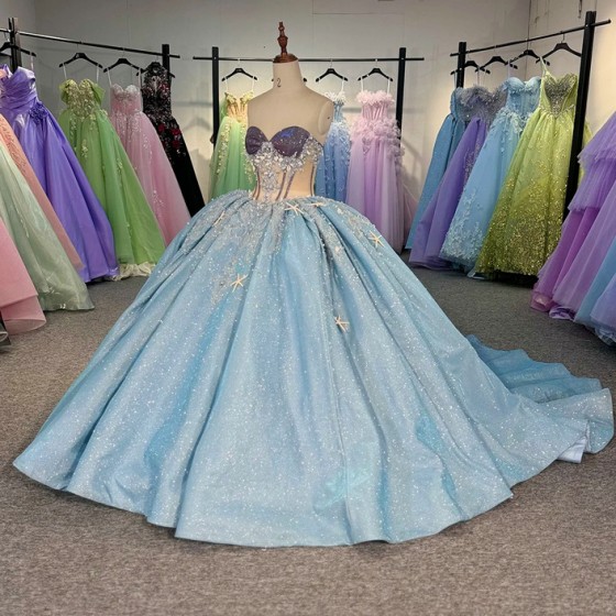 Beautiful Blue Quinceanera Dresses Customized With Beaded Vestido De 15 Sleeveless Quinceanera Fairy Sweet 16 Party