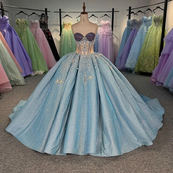 Beautiful Blue Quinceanera Dresses Customized With Beaded Vestido De 15 Sleeveless Quinceanera Fairy Sweet 16 Party