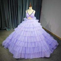 Beautiful Spaghetti Straps Tiered Skirt Quinceanera Dresses Crystal Beading Bodice Long Train Ball Gown for Sweet 15 16 Party 