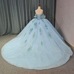 Blue Fairy Princess Quinceanera Dresses Handmade Flower Floral Off Shoulder Sweep Train Prom Party Gown vestidos 15 anos