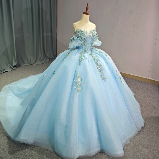 Blue Fairy Princess Quinceanera Dresses Handmade Flower Floral Off Shoulder Sweep Train Prom Party Gown vestidos 15 anos