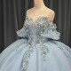 Blue Fairy Princess Quinceanera Dresses Handmade Flower Floral Off Shoulder Sweep Train Prom Party Gown vestidos 15 anos
