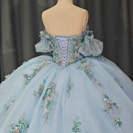 Blue Fairy Princess Quinceanera Dresses Handmade Flower Floral Off Shoulder Sweep Train Prom Party Gown vestidos 15 anos
