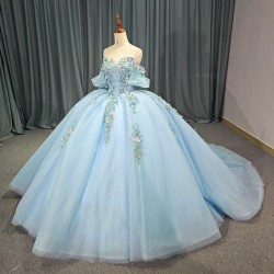 Blue Fairy Princess Quinceanera Dresses Handmade Flower Floral Off Shoulder Sweep Train Prom Party Gown vestidos 15 anos