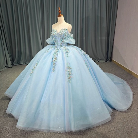 Blue Fairy Princess Quinceanera Dresses Handmade Flower Floral Off Shoulder Sweep Train Prom Party Gown vestidos 15 anos