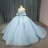 Blue Fairy Princess Quinceanera Dresses Handmade Flower Floral Off Shoulder Sweep Train Prom Party Gown vestidos 15 anos