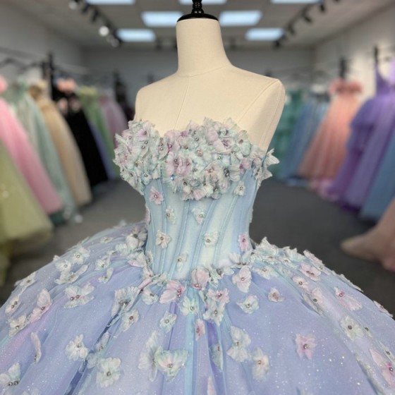 Blue Princess Ball Gown 2025 Quinceanera Dresses Strapless Appliques Beads Birthday Party For 15th Girls