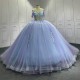 Blue Quinceanera Dress Sweet 15 Evening Dress Crystal Sleeveless Ball Gown Off Shoulder Vestido De Nina De Las Flores