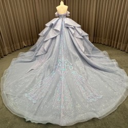 Blue Quinceanera Dresses Ball Gown Crystal Vestidos De 15 Años Flowers Blue Sequined V-neck Beading Evening Party Dress