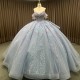 Blue Quinceanera Dresses Ball Gown Crystal Vestidos De 15 Años Flowers Blue Sequined V-neck Beading Evening Party Dress