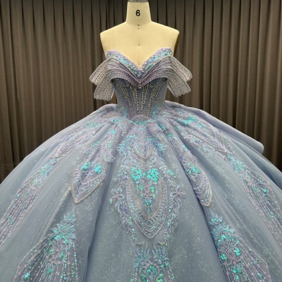 Blue Quinceanera Dresses Ball Gown Crystal Vestidos De 15 Años Flowers Blue Sequined V-neck Beading Evening Party Dress
