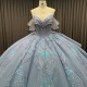 Blue Quinceanera Dresses Ball Gown Crystal Vestidos De 15 Años Flowers Blue Sequined V-neck Beading Evening Party Dress