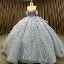 Blue Quinceanera Dresses Ball Gown Crystal Vestidos De 15 Años Flowers Blue Sequined V-neck Beading Evening Party Dress