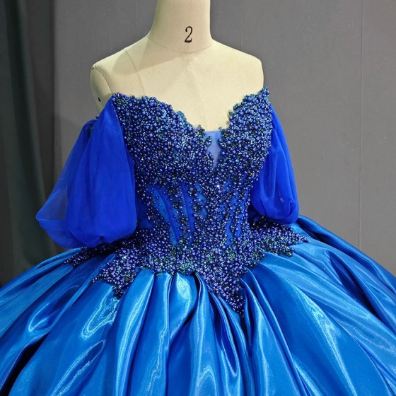 Bule Quinceanera Dresses Flower Beading Sweetheart Off The Shoulder Girls Birthday Party Prom Gowns Dress vestido de quinceanera