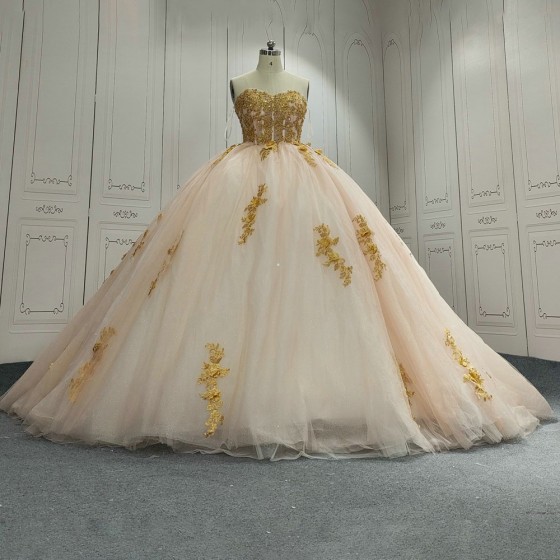 Champagne Quinceanera Dress Sweet 15 Evening Dress Crystal Sleeveless Ball Gown Beading Vestido De Nina De Las Flores