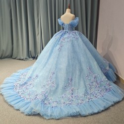 Cheap Blue V-neck Tulle Tiered Puff Sleeves Ball Gown Quinceanera Dresses Sweet 16 Girls Brithday Party Dress vestidos 15 anos