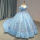 Cheap Blue V-neck Tulle Tiered Puff Sleeves Ball Gown Quinceanera Dresses Sweet 16 Girls Brithday Party Dress vestidos 15 anos