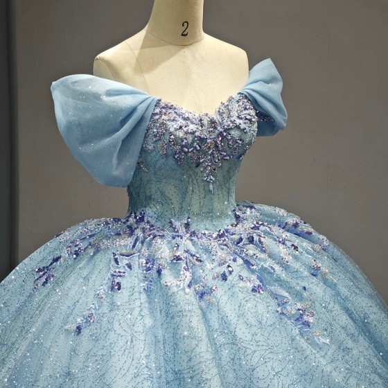 Cheap Blue V-neck Tulle Tiered Puff Sleeves Ball Gown Quinceanera Dresses Sweet 16 Girls Brithday Party Dress vestidos 15 anos