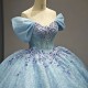 Cheap Blue V-neck Tulle Tiered Puff Sleeves Ball Gown Quinceanera Dresses Sweet 16 Girls Brithday Party Dress vestidos 15 anos
