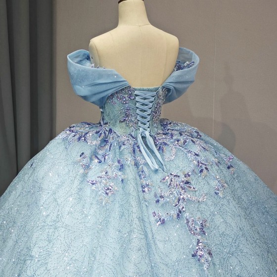 Cheap Blue V-neck Tulle Tiered Puff Sleeves Ball Gown Quinceanera Dresses Sweet 16 Girls Brithday Party Dress vestidos 15 anos