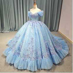 Cheap Blue V-neck Tulle Tiered Puff Sleeves Ball Gown Quinceanera Dresses Sweet 16 Girls Brithday Party Dress vestidos 15 anos