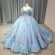 Cheap Blue V-neck Tulle Tiered Puff Sleeves Ball Gown Quinceanera Dresses Sweet 16 Girls Brithday Party Dress vestidos 15 anos