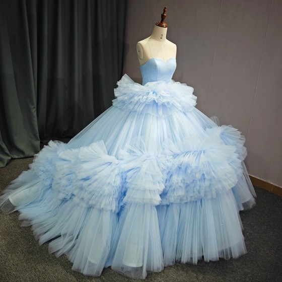 Customized Blue Long Cheap Quinceanera Dresses Ball Gown Strapless Organza Graduation Party Dress vestido de 15 quinceanera