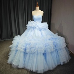 Customized Blue Long Cheap Quinceanera Dresses Ball Gown Strapless Organza Graduation Party Dress vestido de 15 quinceanera