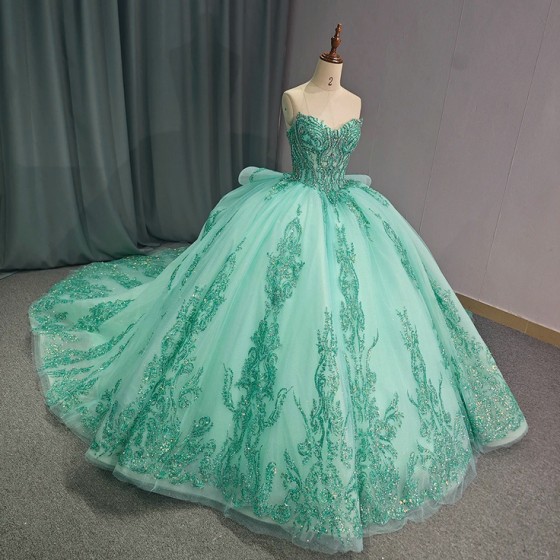 Elegent Sparkly Mint Green Quinceanera Dress Tiptop Ball Gown Strapless Mexico Beaded Corset Sweet 16 Vestidos De 15 Anos