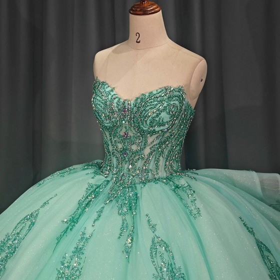 Elegent Sparkly Mint Green Quinceanera Dress Tiptop Ball Gown Strapless Mexico Beaded Corset Sweet 16 Vestidos De 15 Anos
