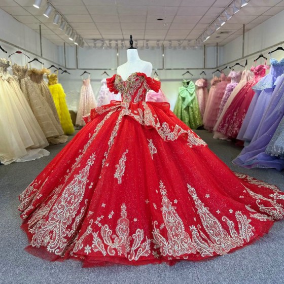 Glitter Red Quinceanera Dress Ball Gown Lace Applique V-neck Beading Sequins Spaghetti Corset Sweet 16 Vestido De 15 Anos