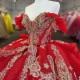Glitter Red Quinceanera Dress Ball Gown Lace Applique V-neck Beading Sequins Spaghetti Corset Sweet 16 Vestido De 15 Anos