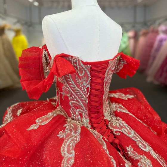 Glitter Red Quinceanera Dress Ball Gown Lace Applique V-neck Beading Sequins Spaghetti Corset Sweet 16 Vestido De 15 Anos