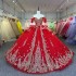 Glitter Red Quinceanera Dress Ball Gown Lace Applique V-neck Beading Sequins Spaghetti Corset Sweet 16 Vestido De 15 Anos