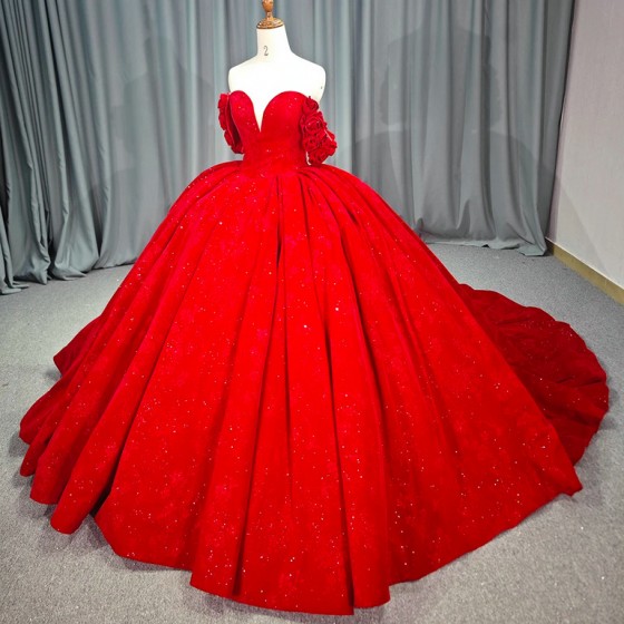 Glitter Red Quinceanera Dress Ball Gown V-neck Lace Beading Short Sleeves International Court Train Sweet 16 Vestido De 15 Anos