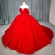 Glitter Red Quinceanera Dress Ball Gown V-neck Lace Beading Short Sleeves International Court Train Sweet 16 Vestido De 15 Anos