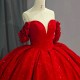 Glitter Red Quinceanera Dress Ball Gown V-neck Lace Beading Short Sleeves International Court Train Sweet 16 Vestido De 15 Anos