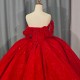 Glitter Red Quinceanera Dress Ball Gown V-neck Lace Beading Short Sleeves International Court Train Sweet 16 Vestido De 15 Anos