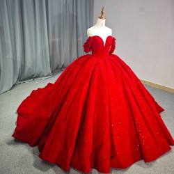 Glitter Red Quinceanera Dress Ball Gown V-neck Lace Beading Short Sleeves International Court Train Sweet 16 Vestido De 15 Anos
