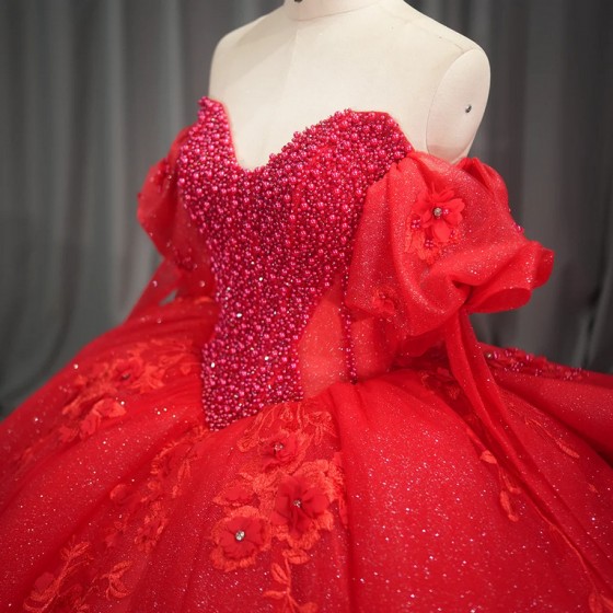Glittering Crystals Beaded Long Sleeves Quinceanera Dresses Ball Gown Floral Applique Sequins 15 Years Birthday Princess Party