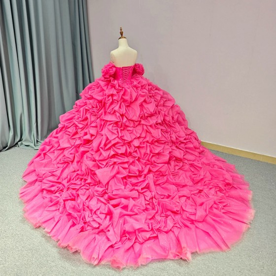 Glittering Pink Princess Quinceanera Dresses Bow Off -Shoulder Lace Up Floor Length Birthday Party vestido de 15 quinceanera 