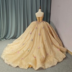 Gold Quinceanera Dress Ball Gown Shining Applique Strapless Sexy Dresses Sweet 16 Girl Birthday Pageant Dress vestidos 15 anos