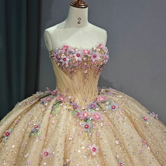 Gold Quinceanera Dress Ball Gown Shining Applique Strapless Sexy Dresses Sweet 16 Girl Birthday Pageant Dress vestidos 15 anos