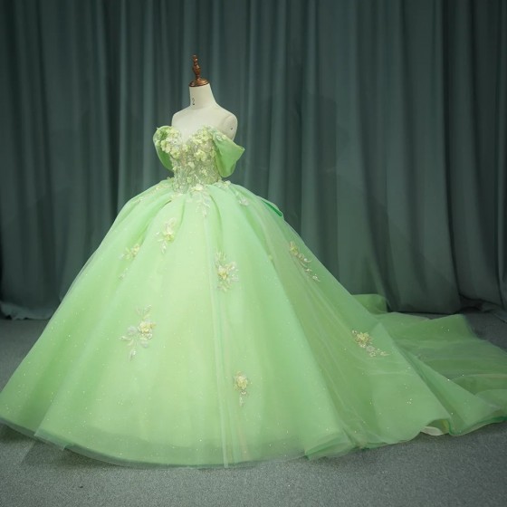 Green Ball Gown Quinceanera Dresses Shiny Appliques Bridal Gown Party Bow Floor-length Bride Dresses vestidos de quinceanera