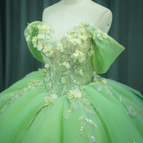 Green Ball Gown Quinceanera Dresses Shiny Appliques Bridal Gown Party Bow Floor-length Bride Dresses vestidos de quinceanera