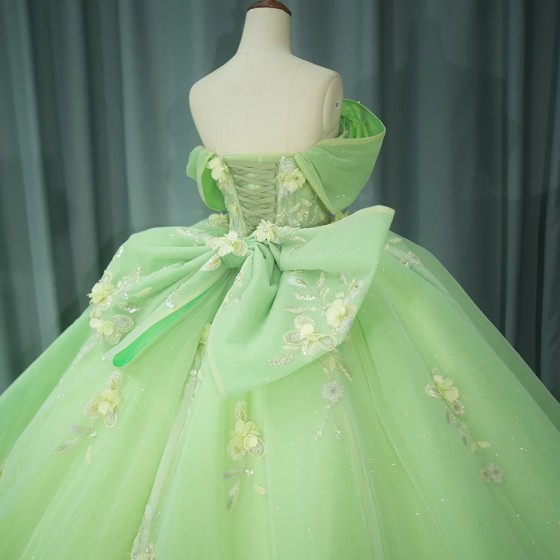 Green Ball Gown Quinceanera Dresses Shiny Appliques Bridal Gown Party Bow Floor-length Bride Dresses vestidos de quinceanera