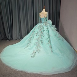 Green Floral Princess Quinceanera Dress O-Neck Shiny Bride Robe Ball Gown Floor-length Bridal Dresses vestidos 15 anos